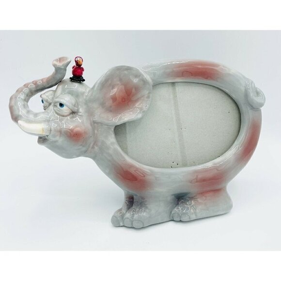 Russ Elephant & Dodo Bird Picture Frame 4x6 Photo Ceramic Trunk Up Friends Gray - Picture 1 of 7